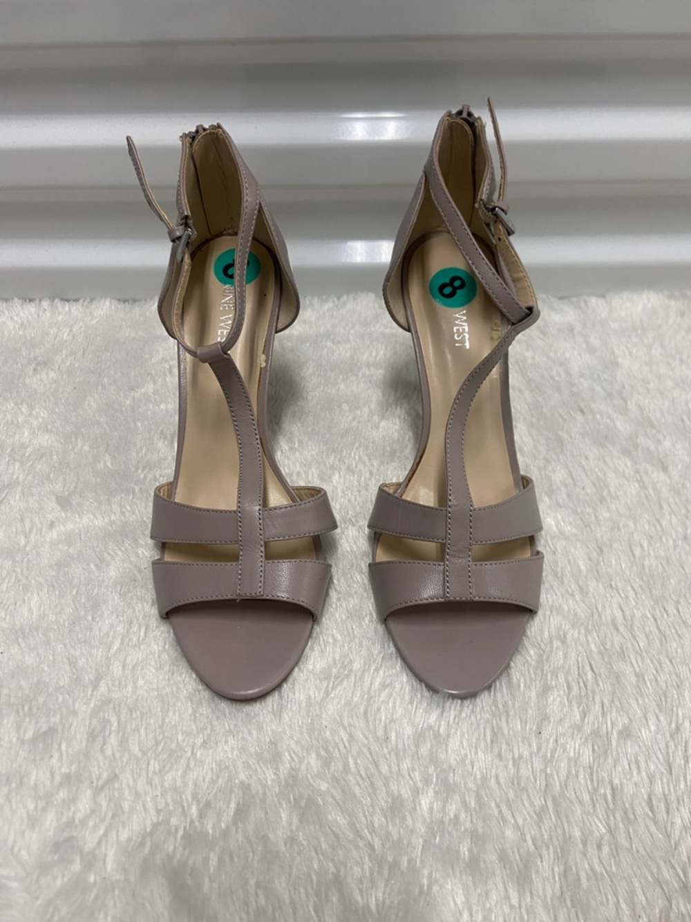 Nine West Taupe T-Strap Block Heel Sandals